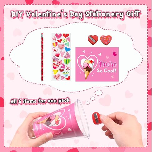 Pasimy 32 Pack Valentines Day Gifts for Kids Classroom School Assorted Valentine's Day Stationery Set with Cup Card Pencil Eraser Sticker Valentines Kids Party Favors Gift Exchange Prize Boy and Girl in Saudi Arabia