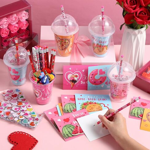 Pasimy 32 Pack Valentines Day Gifts for Kids Classroom School Assorted Valentine's Day Stationery Set with Cup Card Pencil Eraser Sticker Valentines Kids Party Favors Gift Exchange Prize Boy and Girl in Saudi Arabia