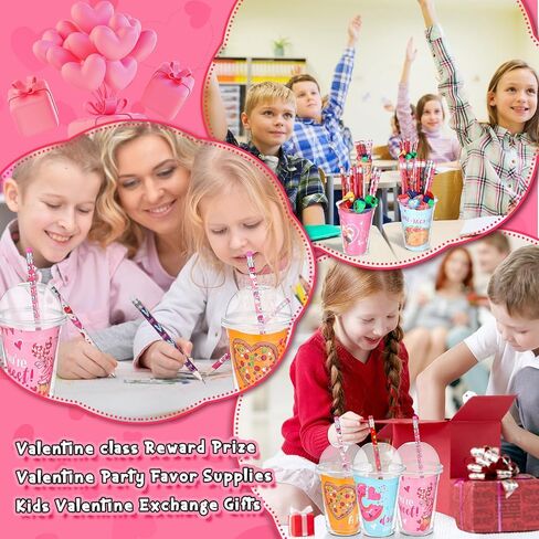 Pasimy 32 Pack Valentines Day Gifts for Kids Classroom School Assorted Valentine's Day Stationery Set with Cup Card Pencil Eraser Sticker Valentines Kids Party Favors Gift Exchange Prize Boy and Girl in Saudi Arabia