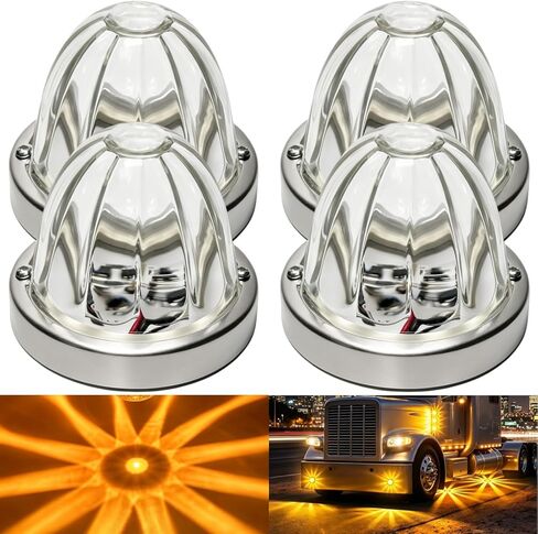2Pcs Clear Glass Lens Watermelon Lights, 12V Amber LED Side Marker Turn Signal Lights with Stainless Steel Bezel, 2 Lighting Modes (Steady + Flashing) for Kenworth Peterbilt Freightliner Semi Trucks in Saudi Arabia