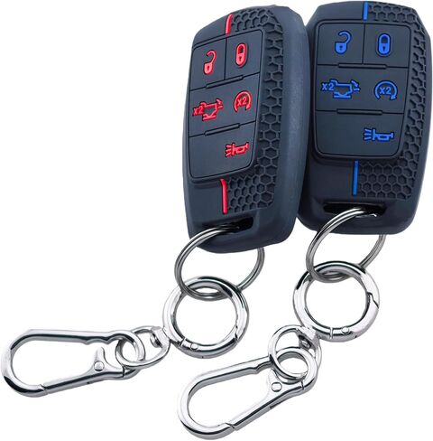 2Pcs Silicone Smart Key Fob Cover for 2024 2023 2022 2021-2019 RAM 2500 3500 4500 5500 5 Buttons (Black with Red/Blue, 5 Buttons-A) in Saudi Arabia