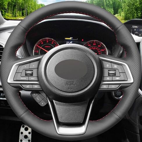 غطاء عجلة القيادة من الجلد من HATHWAY Stitch لسيارة Subaru Forester 2019-2022، غير قابل للانزلاق، قبضة مريحة، أسود in Kuwait