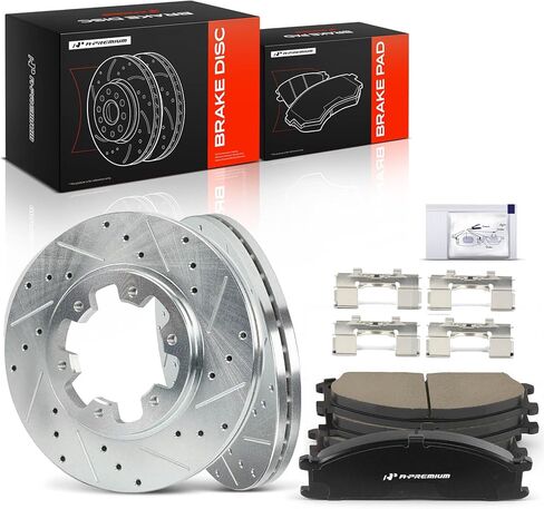 A-Premium 10.89 in (276.7 mm) Front Drilled and Slotted Disc Brake Rotors + Ceramic Pads Kit Compatible with Select Nissan Models - Frontier 98-02, Pathfinder 87-95, 720 86, D21, Pickup, 6-PC Set in Kuwait