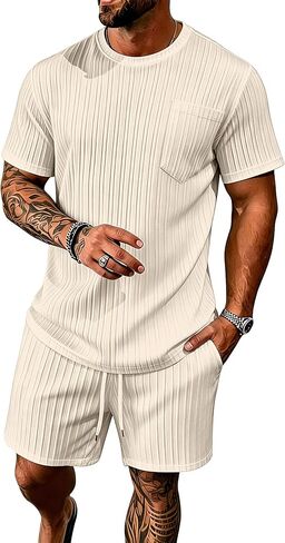 Bealin Men's Summer Beach Outfits 2 Piece Vintage Short Sleeve T Shirts and Shorts Vacation Texture Sets in Saudi Arabia