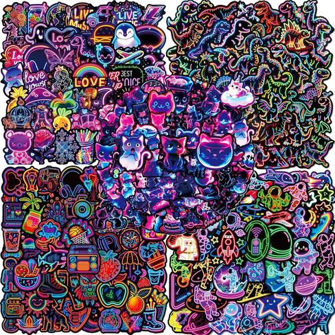 300Pcs Neon Stickers Funny Cartoon Cat Dinosaur Astronaut Unicorn Mixed Kids Scrapbook Sticker Pack Waterproof Vinyl Decals for Laptop Book Readers Water Bottles Journal in Saudi Arabia
