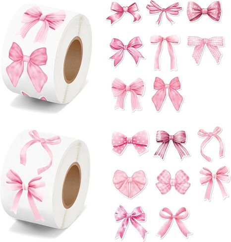 Pink Bow Stickers in 2 Rolls - Coquette Bow Stickers Waterproof Watercolor Vintage Sticker for Scrapbook Craft Laptop Bottle Envelope Sealed Card Party Gift - 500Pcs in 1 Rolls with 16 Patterns in Saudi Arabia