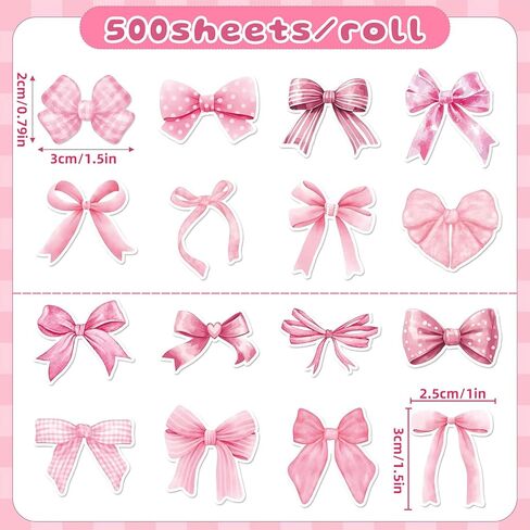 Pink Bow Stickers in 2 Rolls - Coquette Bow Stickers Waterproof Watercolor Vintage Sticker for Scrapbook Craft Laptop Bottle Envelope Sealed Card Party Gift - 500Pcs in 1 Rolls with 16 Patterns in Saudi Arabia