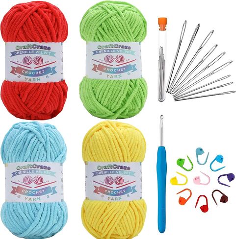 CraftCraze Chenille Velvet Amigurumi Yarn for Crocheting and Knitting Soft Plush Fluffy Chunky Blanket Yarn Pack with Crochet Hook and Large Eye Needles (Enchanted Lagoon Bundle) in Saudi Arabia