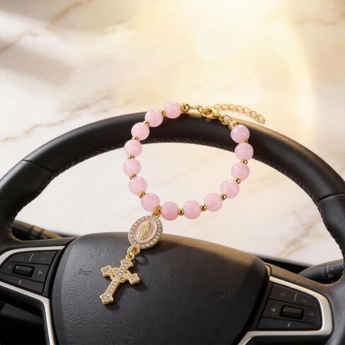 Steering Wheel Charm, Beaded Chain, Pink Beaded Car Accessory for Custom Accents, Single Piece Decorative Hanging Ornament with Easy Installation in Saudi Arabia