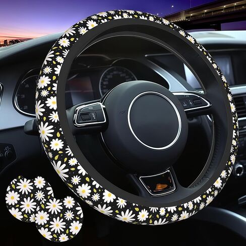 Beautiful Daisy Steering Wheel Cover Cute Daisy Steering Wheel Cover Floral Breathable Universal for 15 Inch Anti-Slip Car with 2 Pieces Car Coasters Suitable for Men Women Daisys in Kuwait