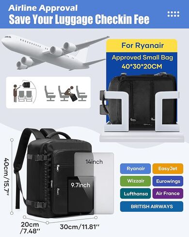 Travel Backpack For Women Men,40×30×20 Carry On Backpack Flight Approved,Casual Outdoor Daypack Laptop backpack,Black in Saudi Arabia