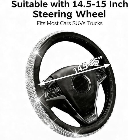 New Bling Diamond Leather Steering Wheel Cover with Sparkling Crystal Rhinestones, Universal 15-Inch Car Wheel Protector – Stylish Black Design (Black and White) in Saudi Arabia