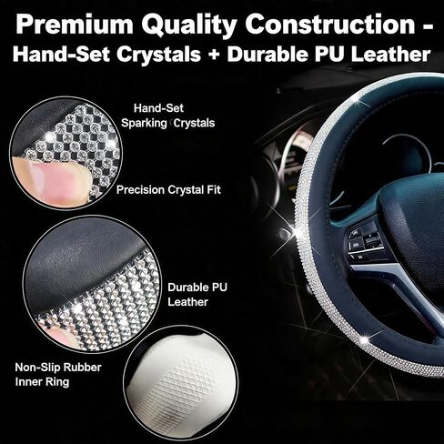 New Bling Diamond Leather Steering Wheel Cover with Sparkling Crystal Rhinestones, Universal 15-Inch Car Wheel Protector – Stylish Black Design (Black and White) in Saudi Arabia