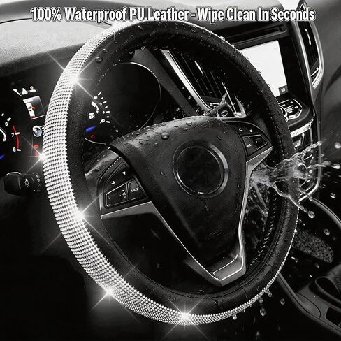New Bling Diamond Leather Steering Wheel Cover with Sparkling Crystal Rhinestones, Universal 15-Inch Car Wheel Protector – Stylish Black Design (Black and White) in Saudi Arabia