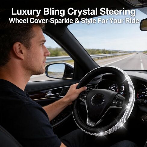 New Bling Diamond Leather Steering Wheel Cover with Sparkling Crystal Rhinestones, Universal 15-Inch Car Wheel Protector – Stylish Black Design (Black and White) in Saudi Arabia