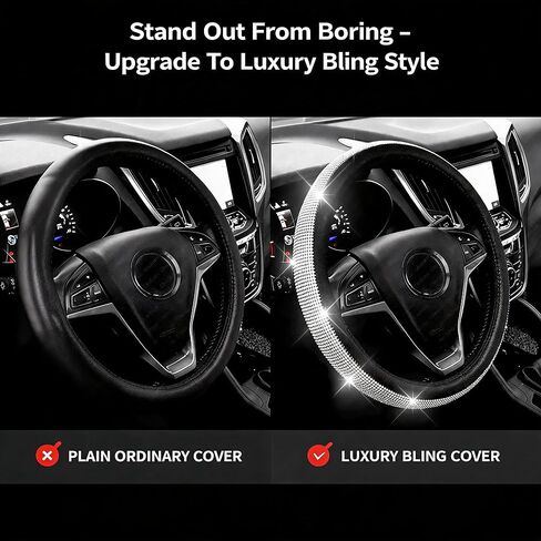 New Bling Diamond Leather Steering Wheel Cover with Sparkling Crystal Rhinestones, Universal 15-Inch Car Wheel Protector – Stylish Black Design (Black and White) in Saudi Arabia