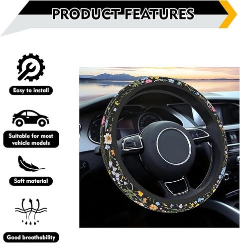 Car Steering Wheel Cover, 15" Wildflowers Cute Fashionable Vehicle Accessories for Women, Universal for Steering Wheel Protector Cover (Multicolored) in Saudi Arabia