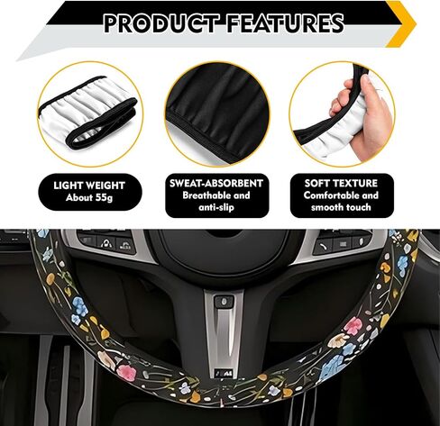Car Steering Wheel Cover, 15" Wildflowers Cute Fashionable Vehicle Accessories for Women, Universal for Steering Wheel Protector Cover (Multicolored) in Saudi Arabia