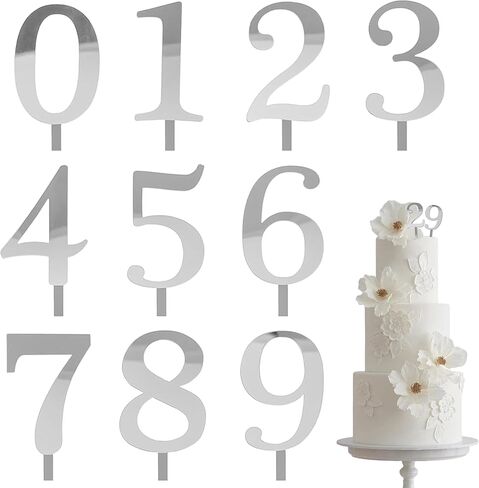 10PCS Small Sliver Acrylic Brithday Cake Decorations (0-9), Number Cake Toppers Set Suitable for Women and Men, Party Decor for Birthday Anniversary Wedding Baby Shower in Kuwait