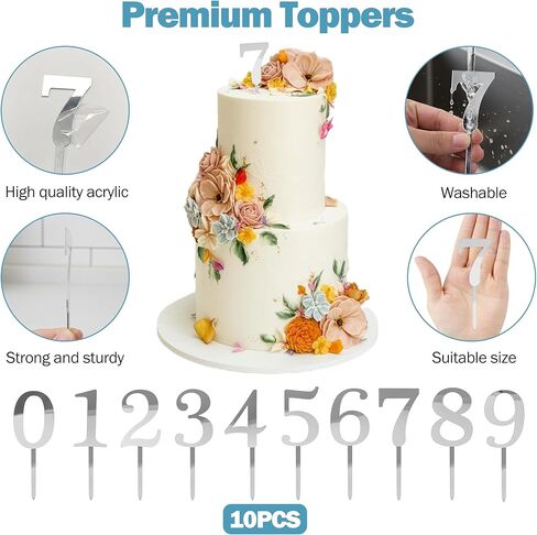 10PCS Small Sliver Acrylic Brithday Cake Decorations (0-9), Number Cake Toppers Set Suitable for Women and Men, Party Decor for Birthday Anniversary Wedding Baby Shower in Kuwait