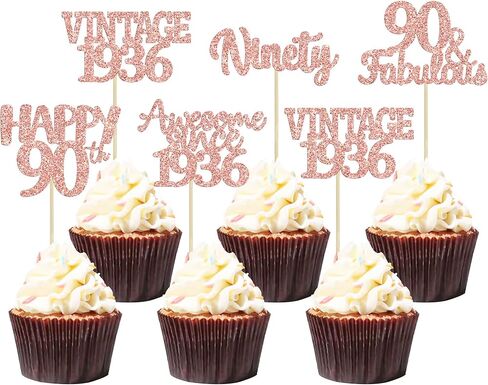 Gyufise 30Pcs Happy 90th Birthday Cupcake Toppers Glitter Awesome Since 1936 Ninety 90 Fabulous Vintage 1936 Cupcake Picks for 90th Birthday Anniversary Retirement Party Supplies Rose Gold in Kuwait