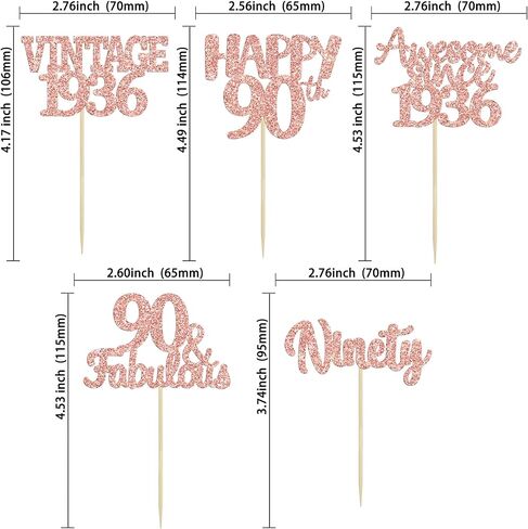 Gyufise 30Pcs Happy 90th Birthday Cupcake Toppers Glitter Awesome Since 1936 Ninety 90 Fabulous Vintage 1936 Cupcake Picks for 90th Birthday Anniversary Retirement Party Supplies Rose Gold in Kuwait