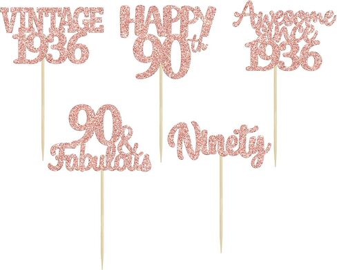 Gyufise 30Pcs Happy 90th Birthday Cupcake Toppers Glitter Awesome Since 1936 Ninety 90 Fabulous Vintage 1936 Cupcake Picks for 90th Birthday Anniversary Retirement Party Supplies Rose Gold in Kuwait