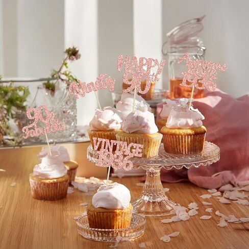 Gyufise 30Pcs Happy 90th Birthday Cupcake Toppers Glitter Awesome Since 1936 Ninety 90 Fabulous Vintage 1936 Cupcake Picks for 90th Birthday Anniversary Retirement Party Supplies Rose Gold in Kuwait