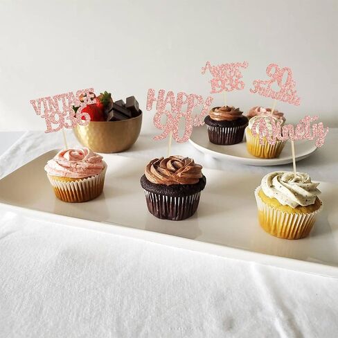 Gyufise 30Pcs Happy 90th Birthday Cupcake Toppers Glitter Awesome Since 1936 Ninety 90 Fabulous Vintage 1936 Cupcake Picks for 90th Birthday Anniversary Retirement Party Supplies Rose Gold in Kuwait