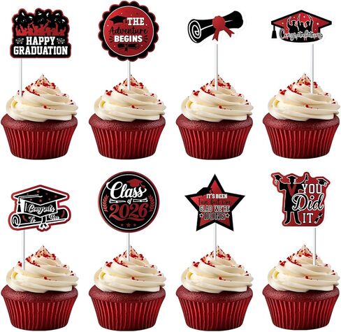48 Pcs Graduation Decorations 2026 Graduation Cake Topper Congrats Grad Class of 2026 Grad Cap Green Gold Foil Paper Cupcake Toppers Graduation Party Decorations in Kuwait