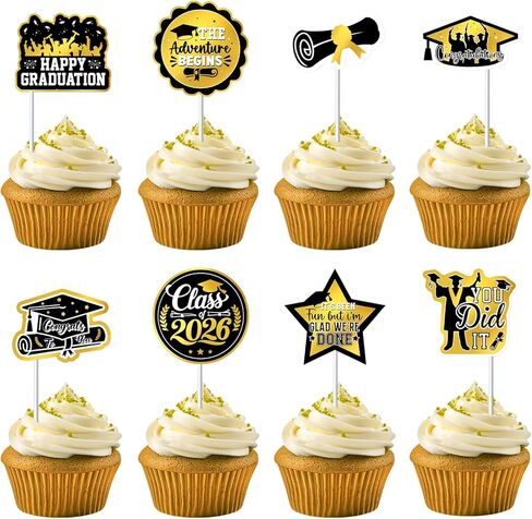 48 Pcs Graduation Decorations 2026 Graduation Cake Topper Congrats Grad Class of 2026 Grad Cap Green Gold Foil Paper Cupcake Toppers Graduation Party Decorations in Kuwait
