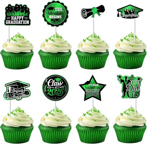 48 Pcs Graduation Decorations 2026 Graduation Cake Topper Congrats Grad Class of 2026 Grad Cap Green Gold Foil Paper Cupcake Toppers Graduation Party Decorations in Kuwait