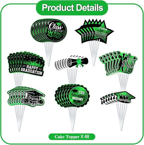 48 Pcs Graduation Decorations 2026 Graduation Cake Topper Congrats Grad Class of 2026 Grad Cap Green Gold Foil Paper Cupcake Toppers Graduation Party Decorations in Kuwait
