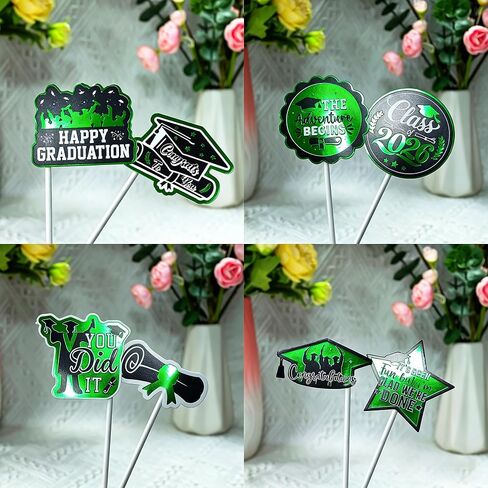 48 Pcs Graduation Decorations 2026 Graduation Cake Topper Congrats Grad Class of 2026 Grad Cap Green Gold Foil Paper Cupcake Toppers Graduation Party Decorations in Kuwait