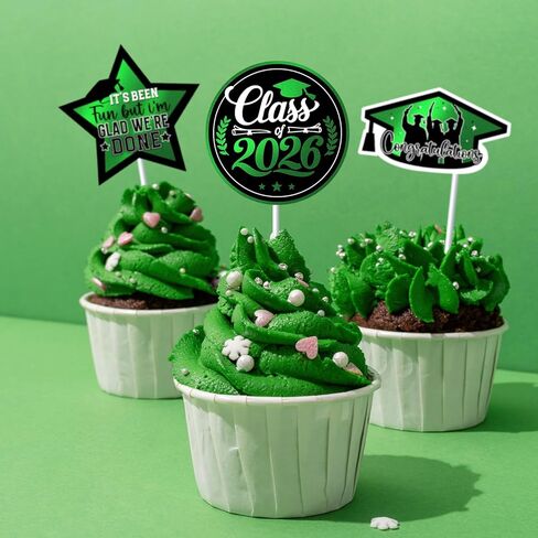 48 Pcs Graduation Decorations 2026 Graduation Cake Topper Congrats Grad Class of 2026 Grad Cap Green Gold Foil Paper Cupcake Toppers Graduation Party Decorations in Kuwait