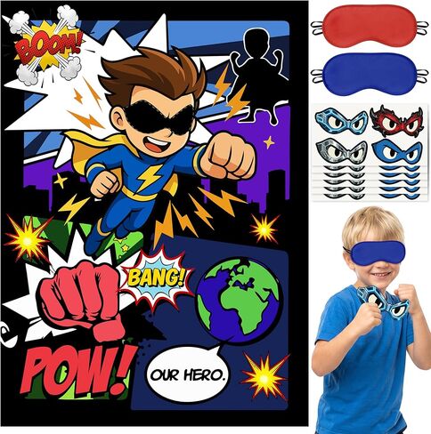 Pin the Mask On the Superhero Game Poster with 24Pcs Stickers Blindfolds Fun Comic Super Hero Entertaining Activities for Kids Boys Birthday Baby Shower Carnival Party Decorations Supplies Wall Decor in Saudi Arabia
