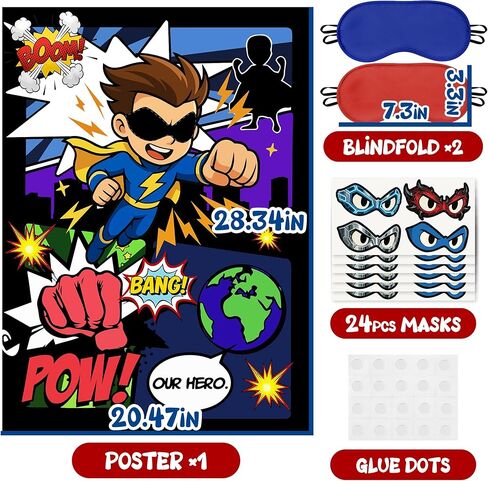 Pin the Mask On the Superhero Game Poster with 24Pcs Stickers Blindfolds Fun Comic Super Hero Entertaining Activities for Kids Boys Birthday Baby Shower Carnival Party Decorations Supplies Wall Decor in Saudi Arabia