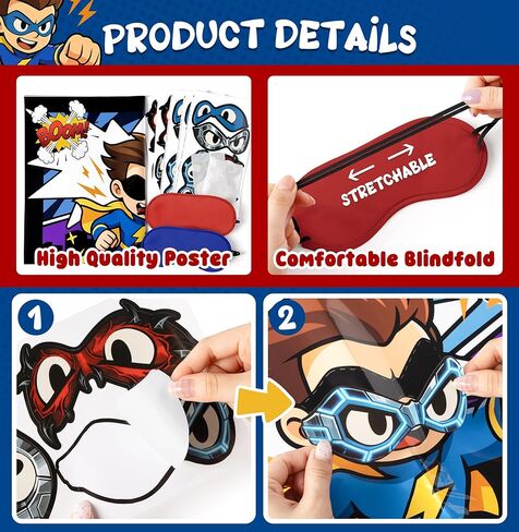 Pin the Mask On the Superhero Game Poster with 24Pcs Stickers Blindfolds Fun Comic Super Hero Entertaining Activities for Kids Boys Birthday Baby Shower Carnival Party Decorations Supplies Wall Decor in Saudi Arabia