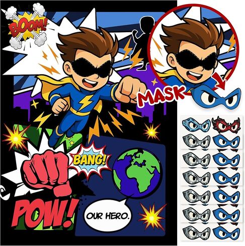 Pin the Mask On the Superhero Game Poster with 24Pcs Stickers Blindfolds Fun Comic Super Hero Entertaining Activities for Kids Boys Birthday Baby Shower Carnival Party Decorations Supplies Wall Decor in Saudi Arabia