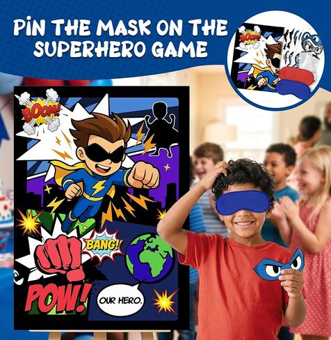 Pin the Mask On the Superhero Game Poster with 24Pcs Stickers Blindfolds Fun Comic Super Hero Entertaining Activities for Kids Boys Birthday Baby Shower Carnival Party Decorations Supplies Wall Decor in Saudi Arabia