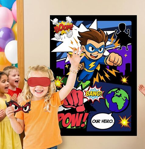Pin the Mask On the Superhero Game Poster with 24Pcs Stickers Blindfolds Fun Comic Super Hero Entertaining Activities for Kids Boys Birthday Baby Shower Carnival Party Decorations Supplies Wall Decor in Saudi Arabia