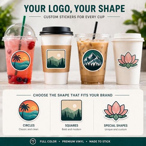 Custom Stickers for Cups with Your Logo – 3" Inch Waterproof Vinyl Labels for Coffee, Smoothies & Drinks – Full Color Custom Branding for Small Business - Personalized for Cups, Bottles and Packaging in Saudi Arabia