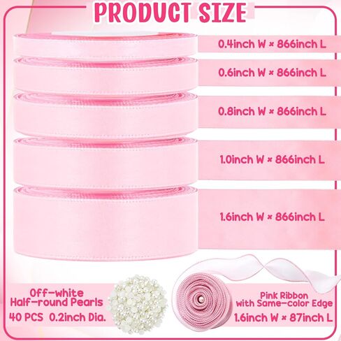 5 Rolls Pink Satin Ribbon 120 Yard Solid Fabric Ribbon for Bows Bouquet Present Wrapping Mother's Day Wedding Birthday Party Decoration in Saudi Arabia