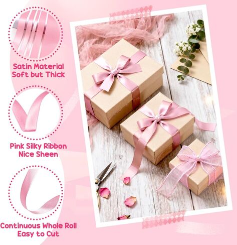 5 Rolls Pink Satin Ribbon 120 Yard Solid Fabric Ribbon for Bows Bouquet Present Wrapping Mother's Day Wedding Birthday Party Decoration in Saudi Arabia