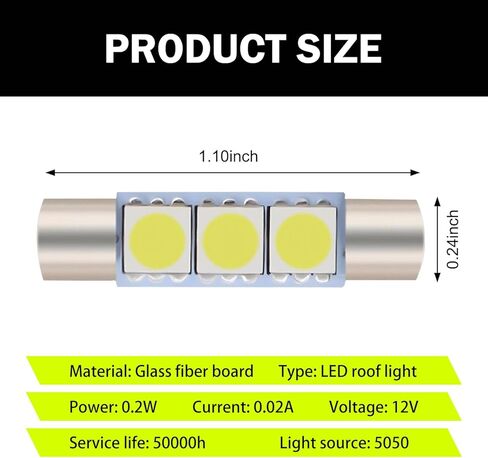 10 قطع سيارة فانيتي ميرور حاجب الشمس من ضوء LED، T6 12V مشرق للغاية 3SMD 5050 Festoon LED لمبة سيارة، ملحقات السيارة العالمية قناع ضوء لمبة لمرآة الغرور، ضوء القبة (أبيض) in Kuwait