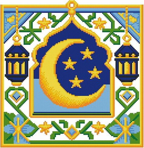 Zhenqing Ramadan Cross Stitch Kit “Moon with Stars & Lanterns", 11CT Printed 36x36cm, Full Stitch Islamic Art Embroidery for Beginners (70830) in Saudi Arabia