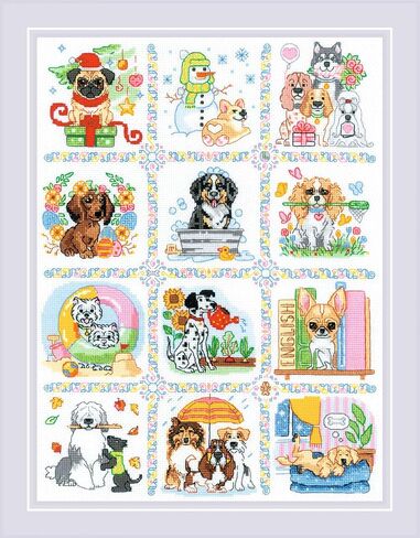 RIOLIS - Dog Calendar 2245, Dogs Cross Stitch Kits 11¾"x15¾, Counted Cross Stitch Kits, Counted Cross Stitch Kits for Beginners & Advanced, Cross Stitching Kits for Adults, Dog Embroidery Kit in Kuwait