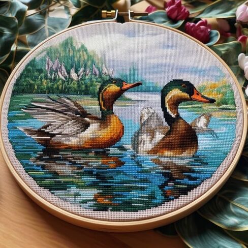 Beginner DIY Stamped Cross Stitch Kit with Embroidery Hoop Pre-Printed Pattern Flying Mallard Ducks DIY Needlepoint Craft Kit for Adults Includes All Supplies Wall Art Decor Gift 33x33cm (R186) in Kuwait