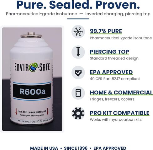 ENVIRO-SAFE R600a Refrigerant - 2 cans - 6oz Inverted Piercing Style Top for HVAC & Refrigeration Use | 99.7% Purity | EPA Approved Hydrocarbon in Kuwait