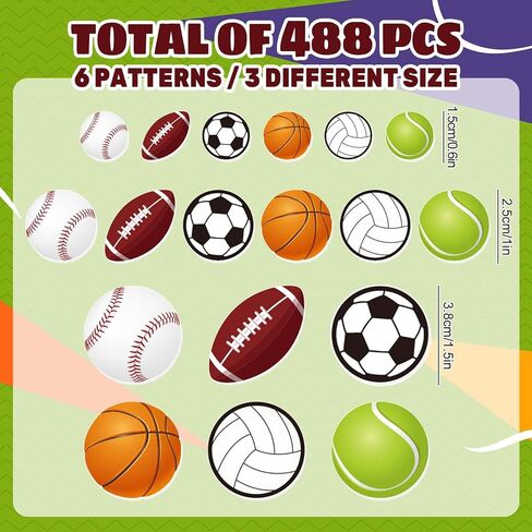 Whaline 488Pcs Sports Foam Stickers Sports Ball Theme Foam Decals 6 Designs Assorted Ball Self-Adhesive Decorative Stickers for Scrapbook Journal Decor Party Supplies, 3 Sizes in Saudi Arabia